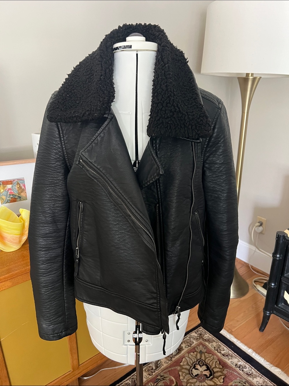Max Studio Black Faux-Leather Sherpa-Lined Biker Jacket